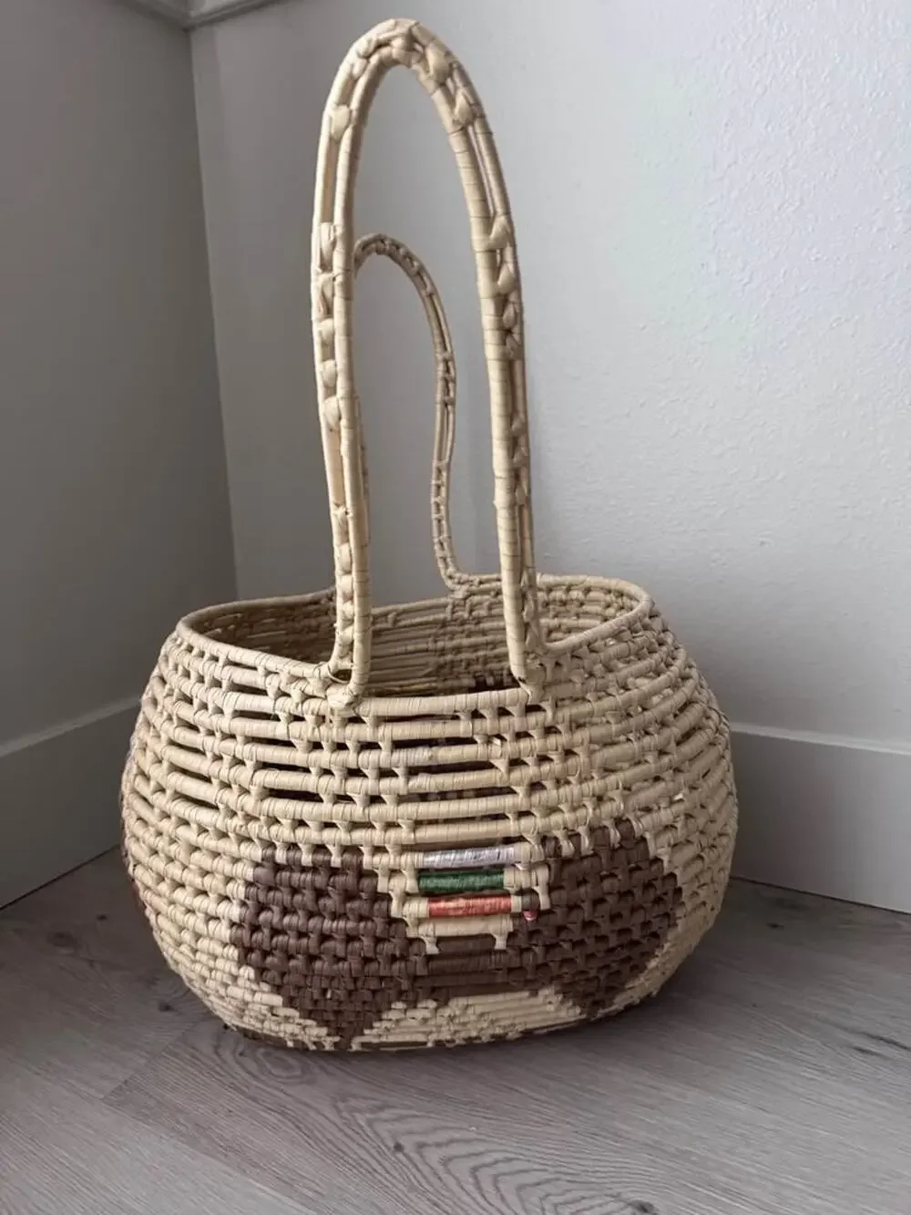 Vintage Handwoven Straw Raffia Tribal Large Basket with Handles